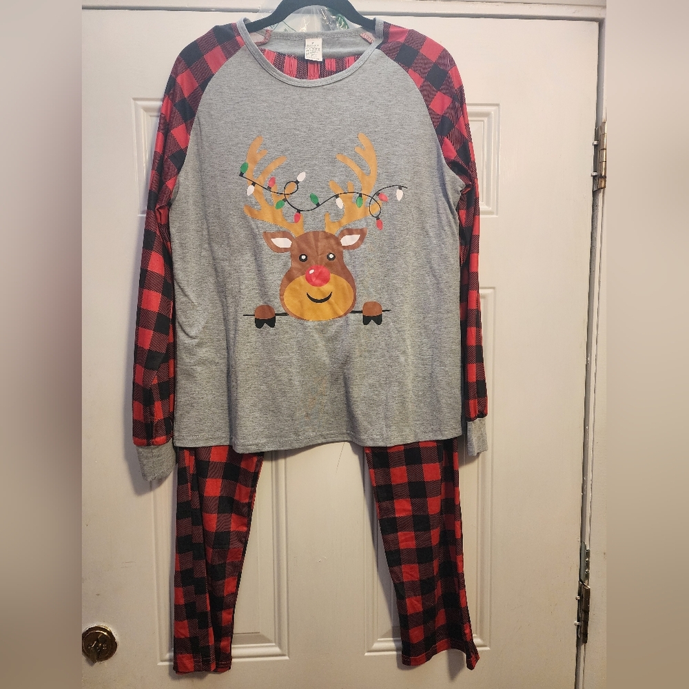 New Cozy Reindeer Adult/Kids Pajamas - Gray and Red Plaid